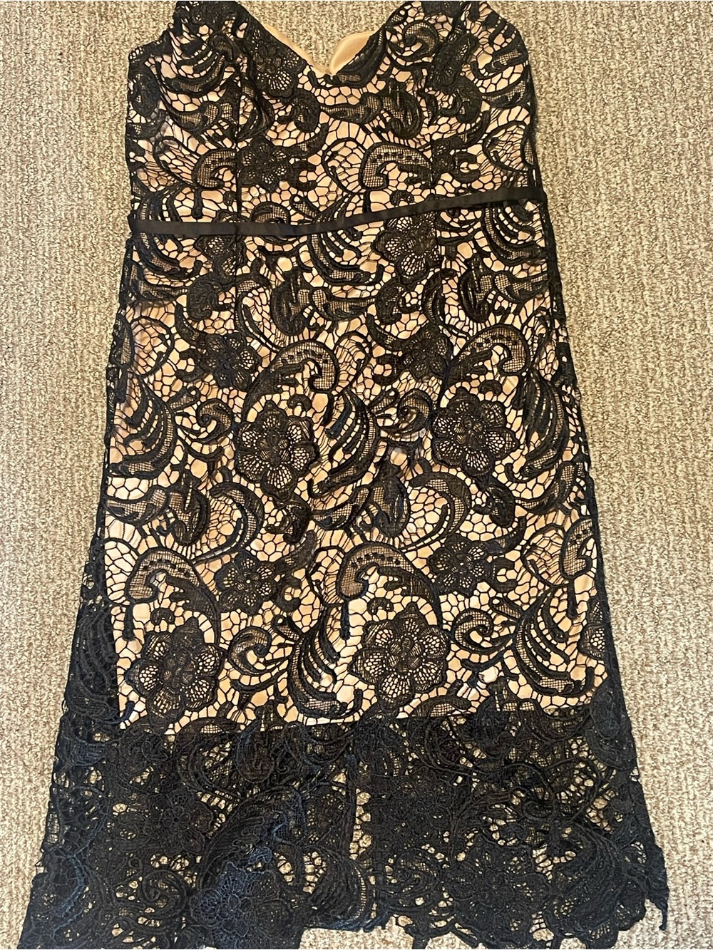 David's Bridal Black Lace Over Nude Midi Dress with Scalloped Hem